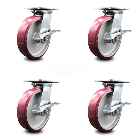 8 Inch Heavy Duty Poly On Aluminum Caster Set With Roller Bearings And Brakes